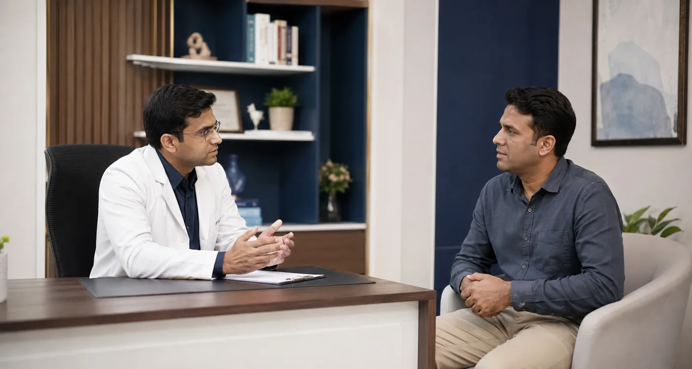Indian man discussing erectile dysfunction with a doctor in Hyderabad
