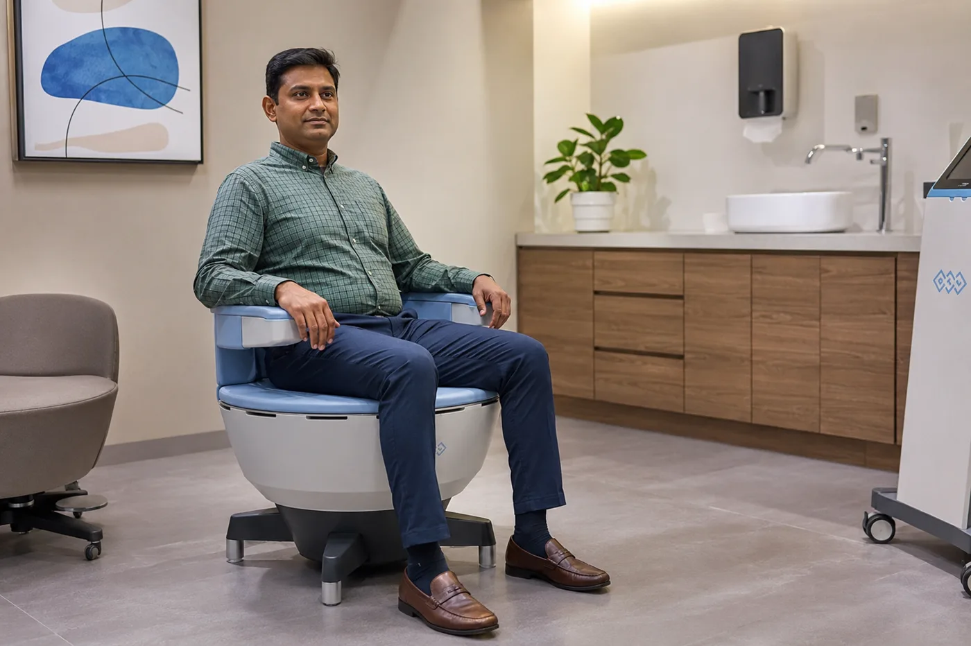 Indian man seated on an Emsella chair in a clinic