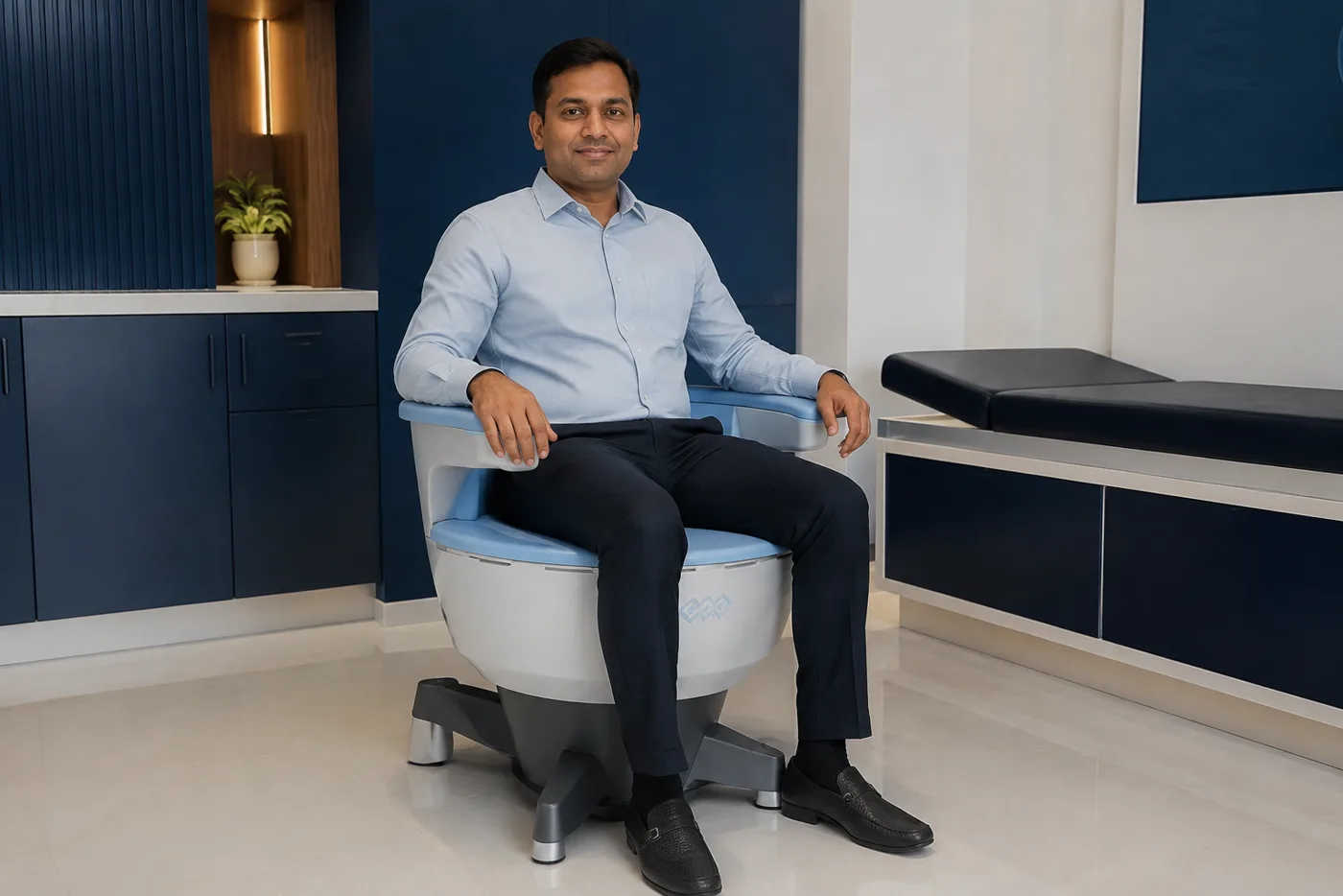 Indian man fully clothed on an Emsella chair front angle
