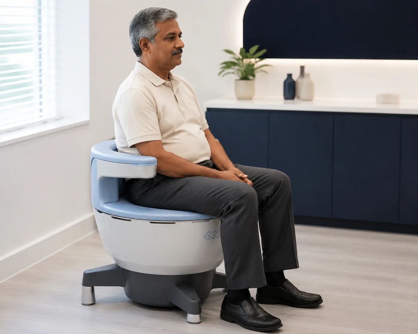 Older Indian man fully clothed on an Emsella chair side angle